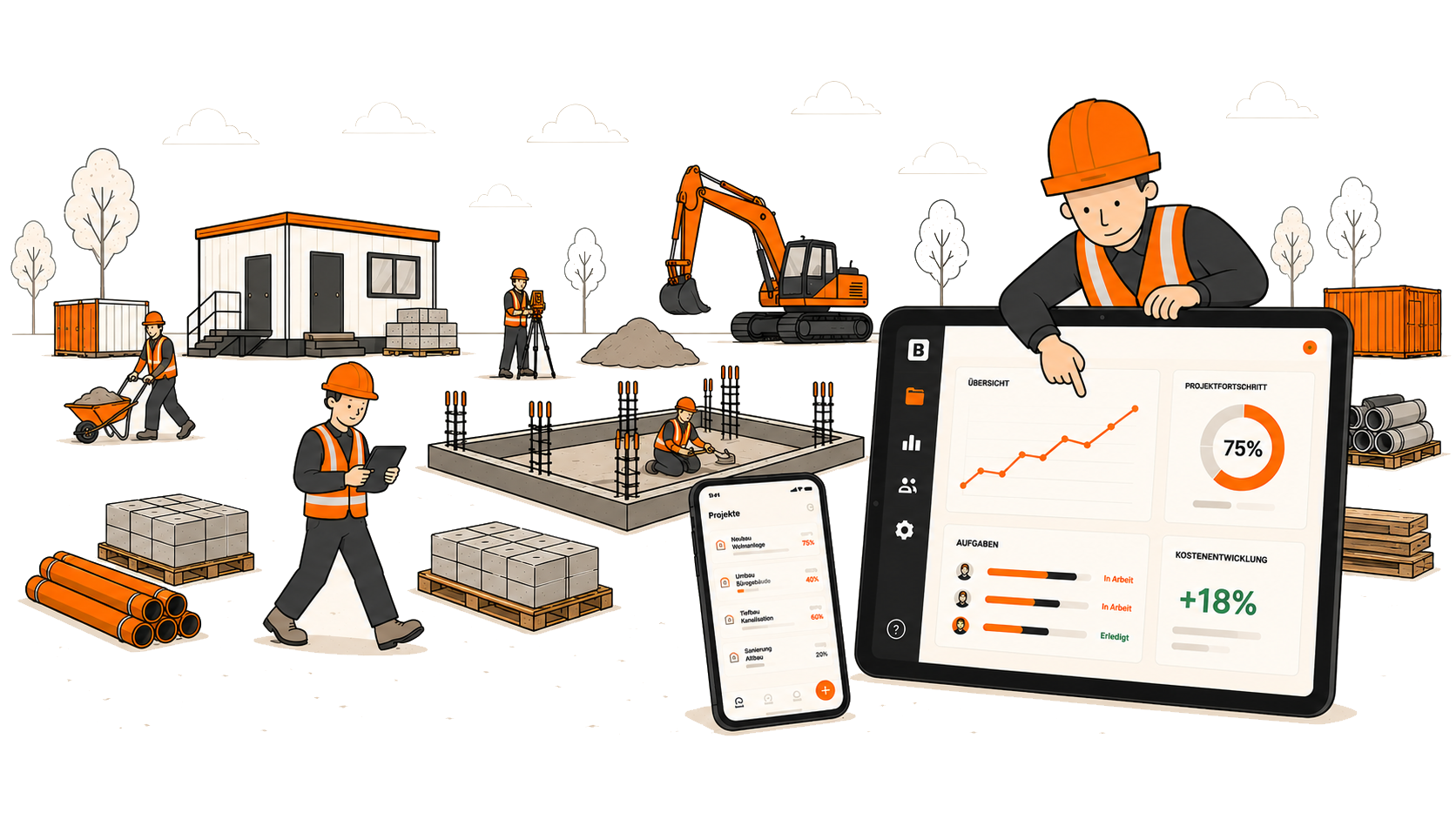 Bau-digital.ai Dashboard auf Tablet und Smartphone — Baustelle im Hintergrund